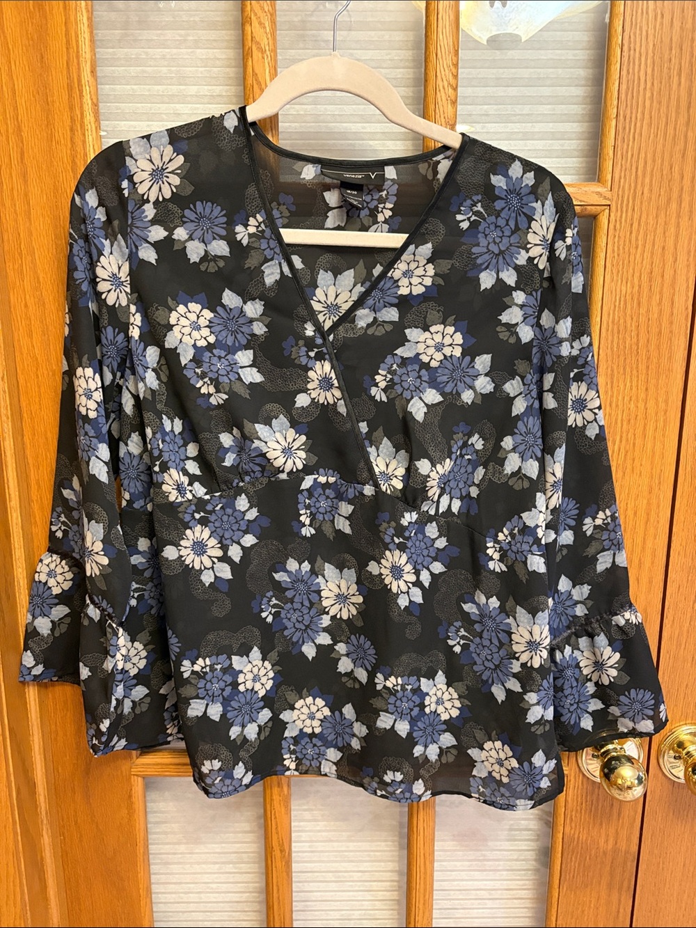 EUC Venezia Black Floral Faux Wrap-Style Blouse with Blue & Cream Blooms